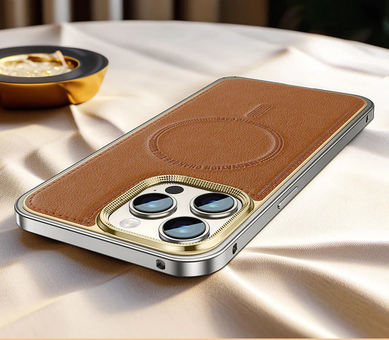 Luxury iPhone Case MagSafe Compatible Leather Back Cover — Aluminum Alloy Metal Frame, Shockproof Design, Magnetic Wireless Charging, Premium Finish