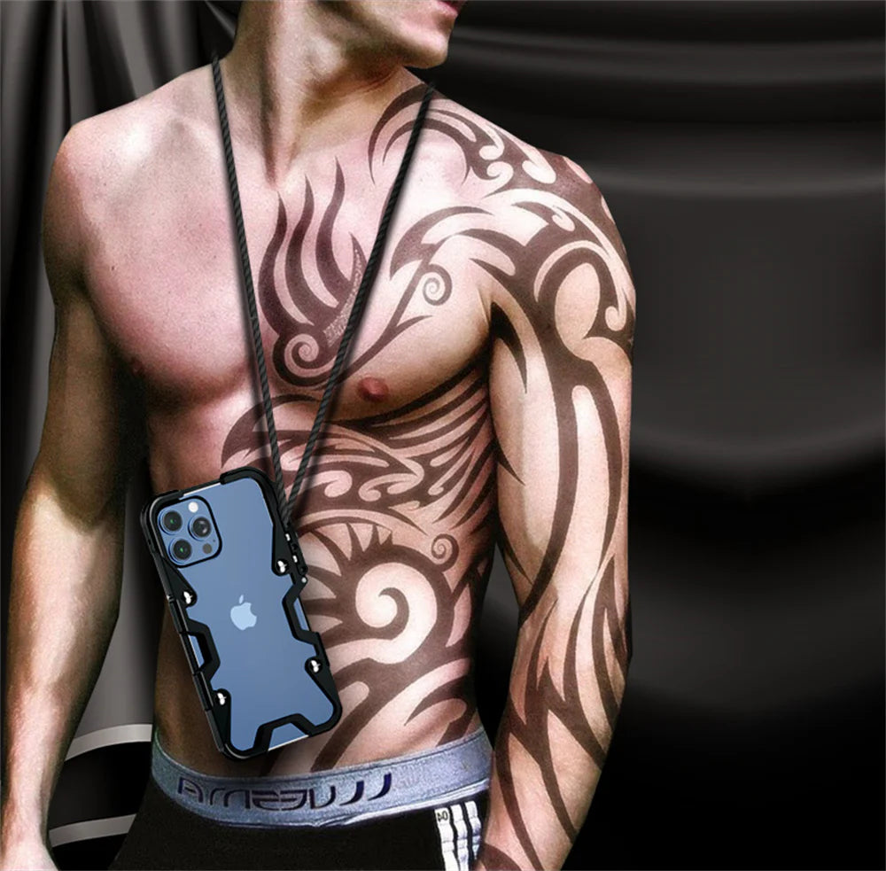 Rugged iPhone Case Aluminum Alloy Bumper Frame — Lightweight Metal Armor Cover, Shockproof Protective Shell with Smooth Edges and Included Lanyard