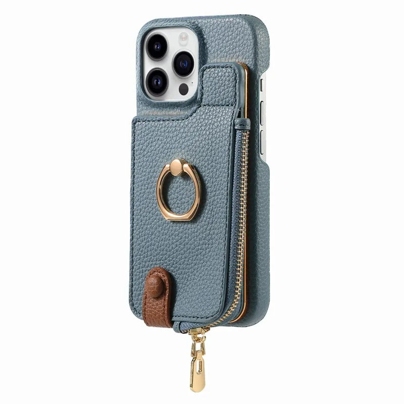 Luxury iPhone Leather Zipper Wallet Case — Card Holder Slot, Ring Kickstand Stand, Magnetic Closure, Shockproof Drop Protection, Anti-Fingerprint Design