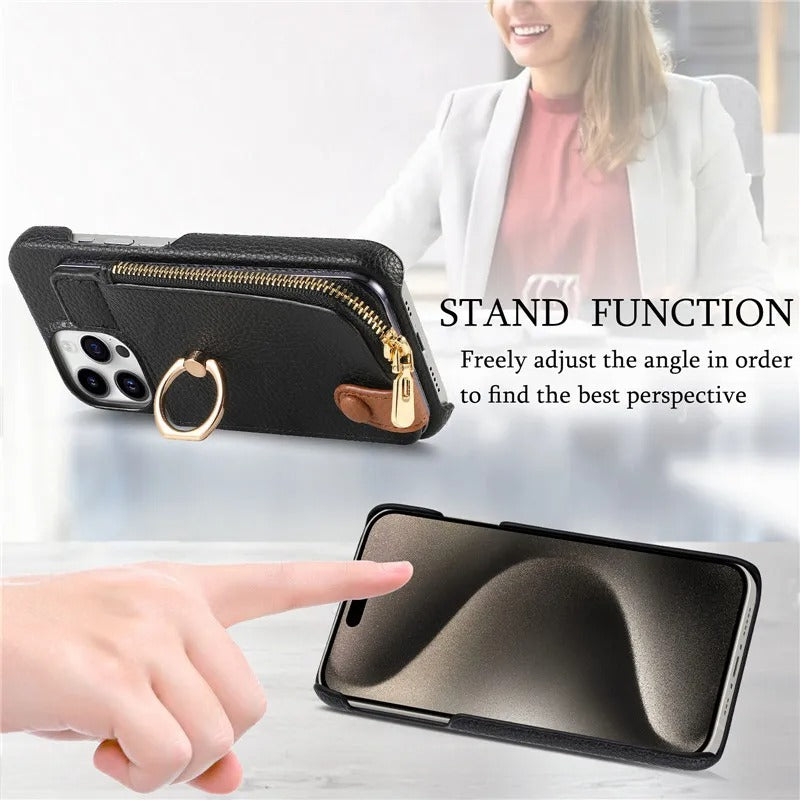 Luxury iPhone Leather Zipper Wallet Case — Card Holder Slot, Ring Kickstand Stand, Magnetic Closure, Shockproof Drop Protection, Anti-Fingerprint Design