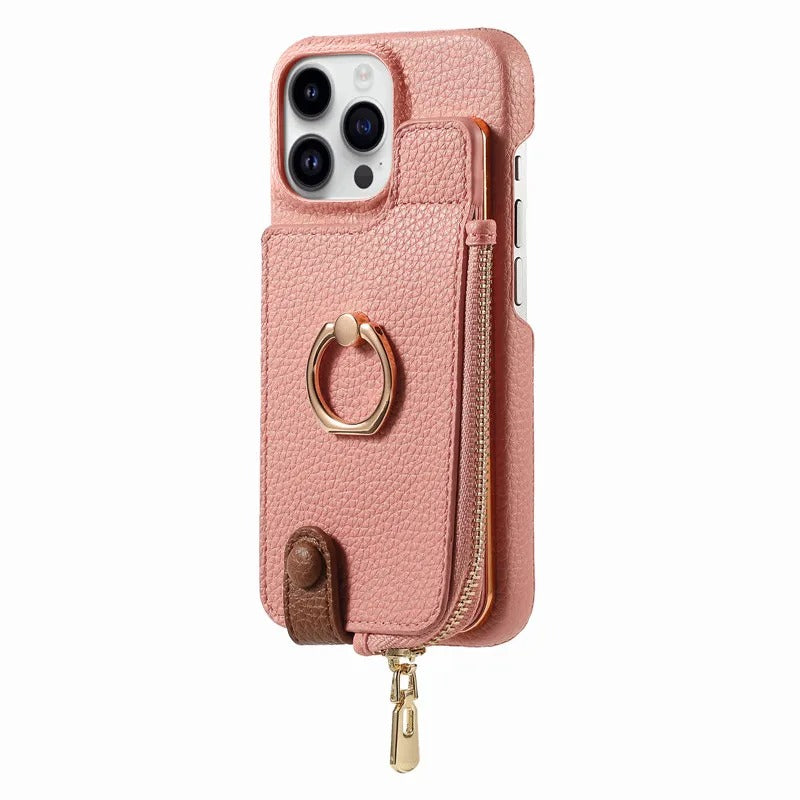 Luxury iPhone Leather Zipper Wallet Case — Card Holder Slot, Ring Kickstand Stand, Magnetic Closure, Shockproof Drop Protection, Anti-Fingerprint Design