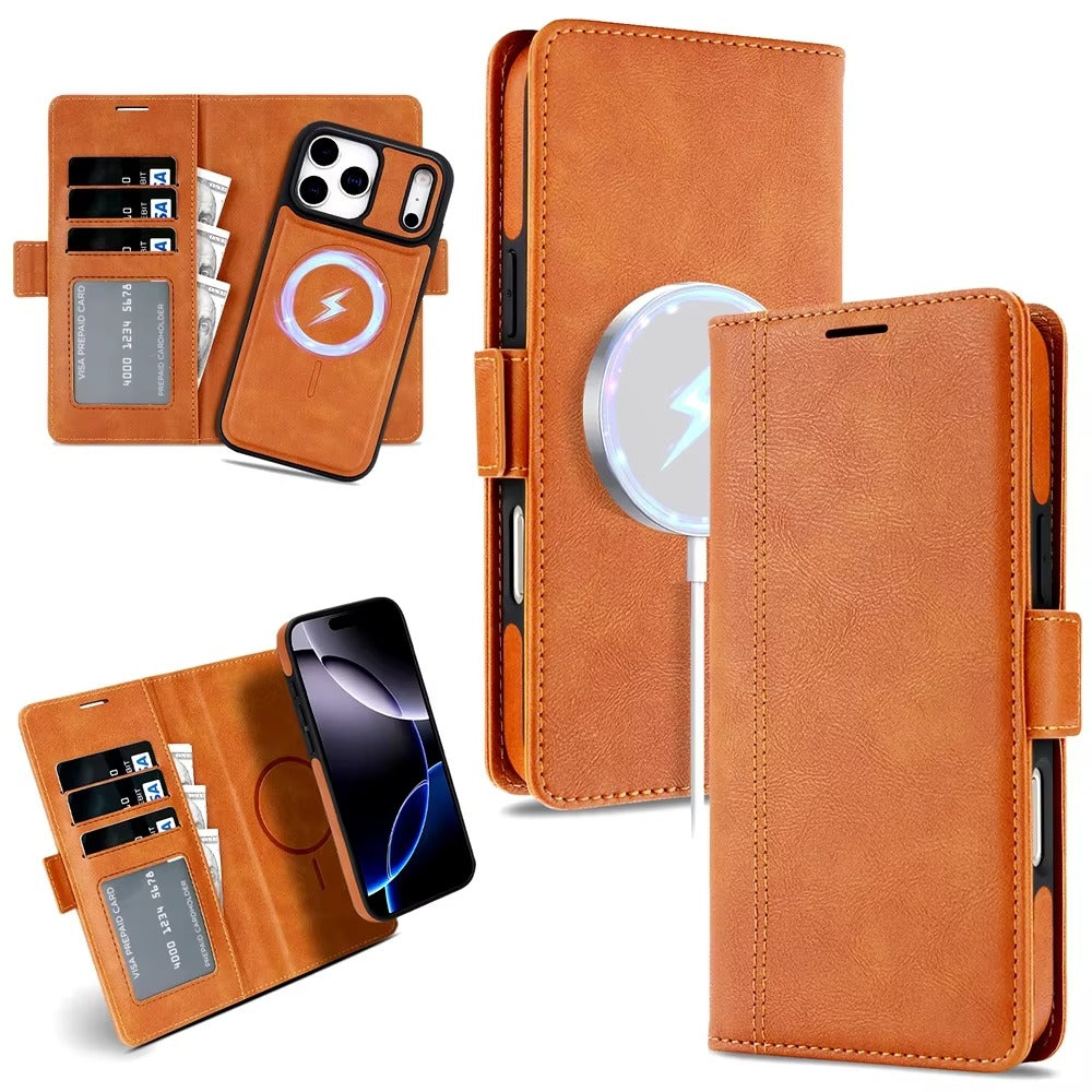 Elite iPhone Magnetic Leather Wallet Case, MagSafe-Compatible Flip Card Holder with Dual-Layer Shock Protection & Matte Finish
