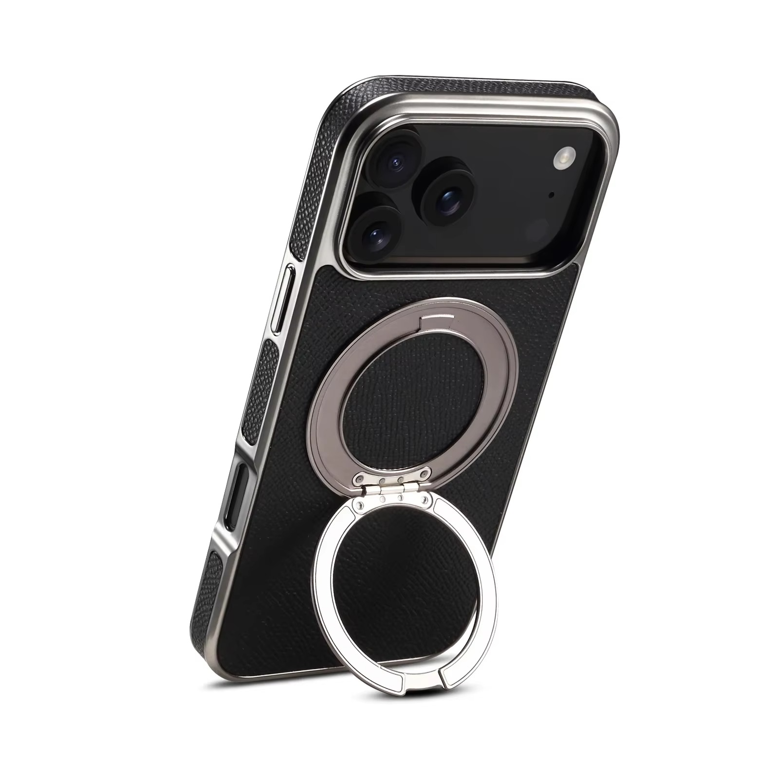 High-End Magnetic iPhone Case — Genuine Cowhide Leather Full Coverage with Invisible Ring Bracket, Shockproof Anti-Fingerprint Slim Design