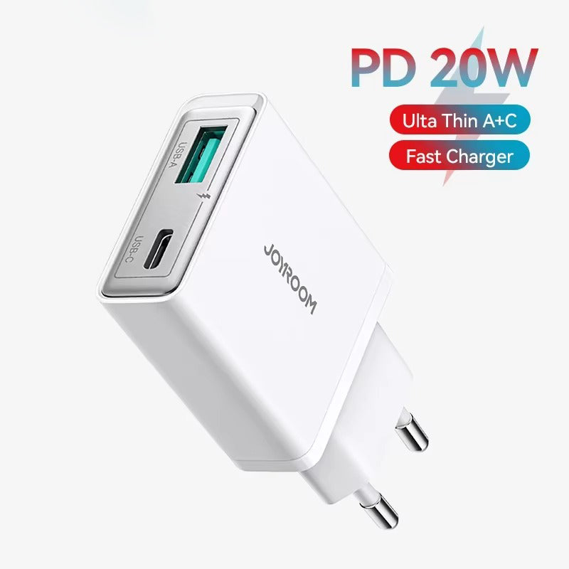 High-Quality 20W GaN Fast Wall Charger with USB-C PD & USB-A QC 3.0, Dual-Port Charging, Slim Lightweight Travel Power Adapter