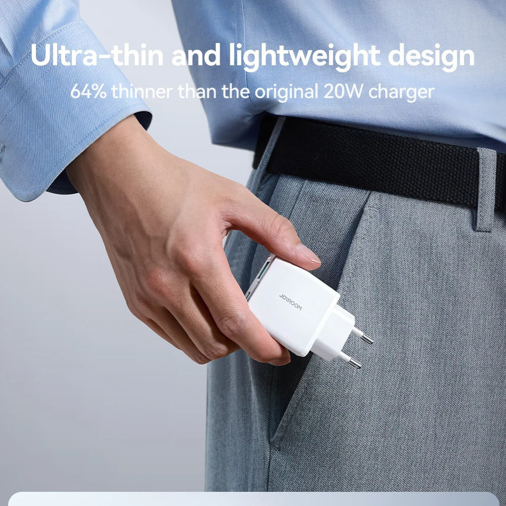 High-Quality 20W GaN Fast Wall Charger with USB-C PD & USB-A QC 3.0, Dual-Port Charging, Slim Lightweight Travel Power Adapter