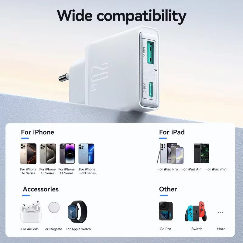 High-Quality 20W GaN Fast Wall Charger with USB-C PD & USB-A QC 3.0, Dual-Port Charging, Slim Lightweight Travel Power Adapter