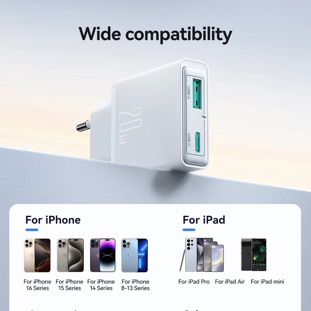 High-Quality 20W GaN Fast Wall Charger with USB-C PD & USB-A QC 3.0, Dual-Port Charging, Slim Lightweight Travel Power Adapter