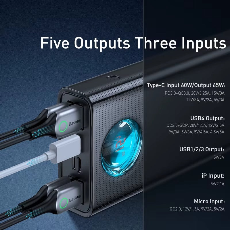 High-Quality 65W Fast Charging Power Bank 30000mAh with Built-In Cables, PD Two-Way Quick Charge External Battery Pack