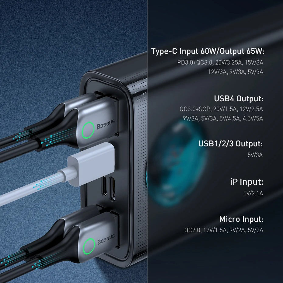 High-Quality 65W Fast Charging Power Bank 30000mAh with Built-In Cables, PD Two-Way Quick Charge External Battery Pack