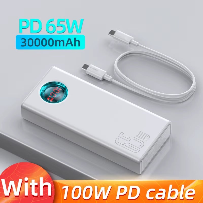 High-Quality 65W Fast Charging Power Bank 30000mAh with Built-In Cables, PD Two-Way Quick Charge External Battery Pack
