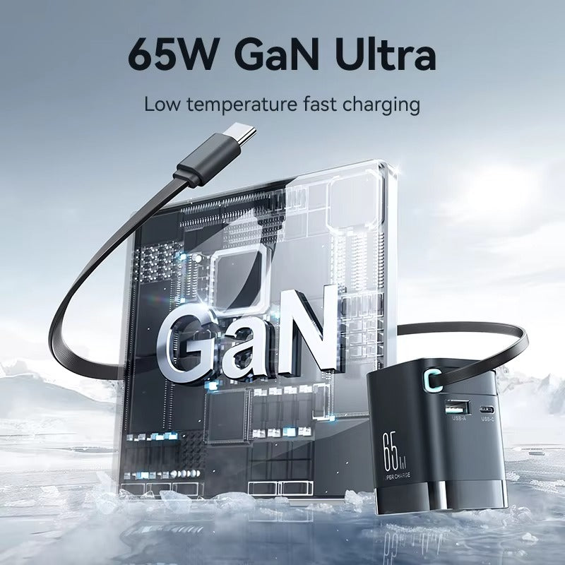High-Quality 65W GaN Fast Charger with Built-In Retractable USB-C Cable, Dual USB Output, Compact Foldable Design, Multi-Device Travel Wall Adapter
