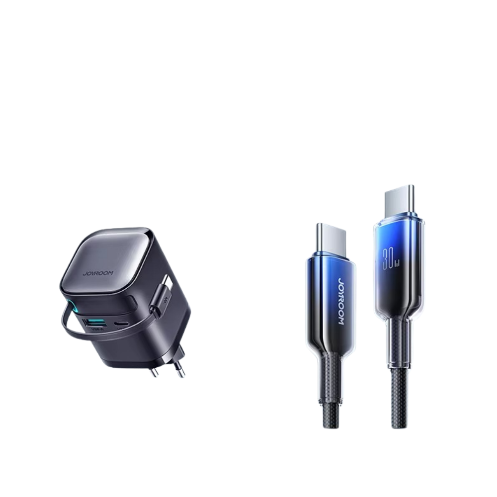 High-Quality 65W GaN Fast Charger with Built-In Retractable USB-C Cable, Dual USB Output, Compact Foldable Design, Multi-Device Travel Wall Adapter