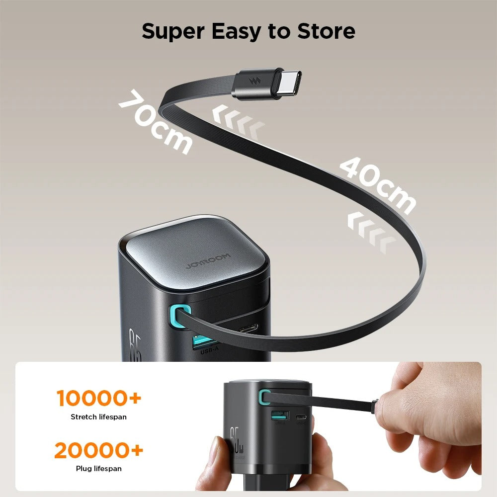 High-Quality 65W GaN Fast Charger with Built-In Retractable USB-C Cable, Dual USB Output, Compact Foldable Design, Multi-Device Travel Wall Adapter