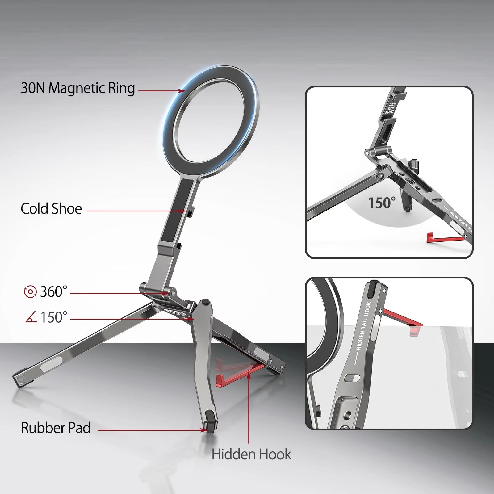 High-Quality MagSafe Pocket Phone Tripod, Foldable Magnetic Stand with Ring Grip, Cold Shoe Mount & 1/4″ Screw Adapter