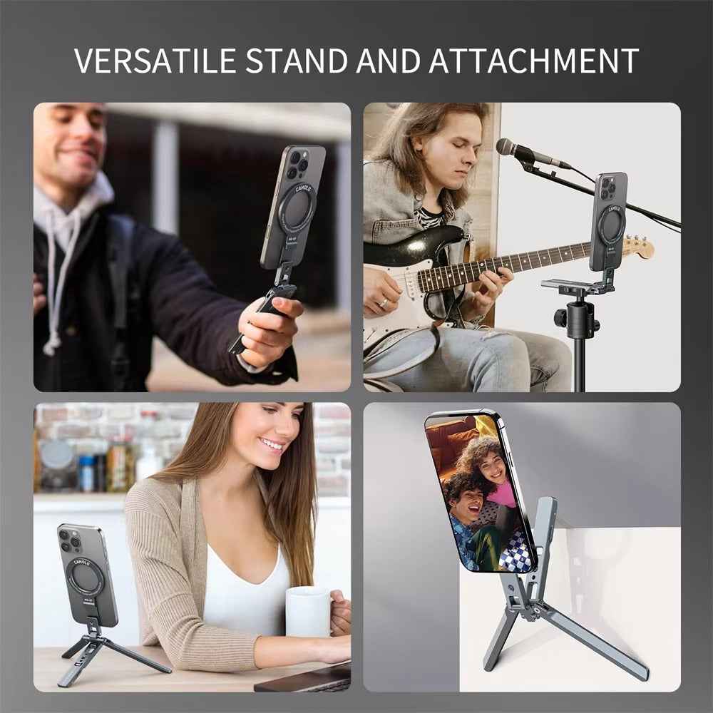 High-Quality MagSafe Pocket Phone Tripod, Foldable Magnetic Stand with Ring Grip, Cold Shoe Mount & 1/4″ Screw Adapter
