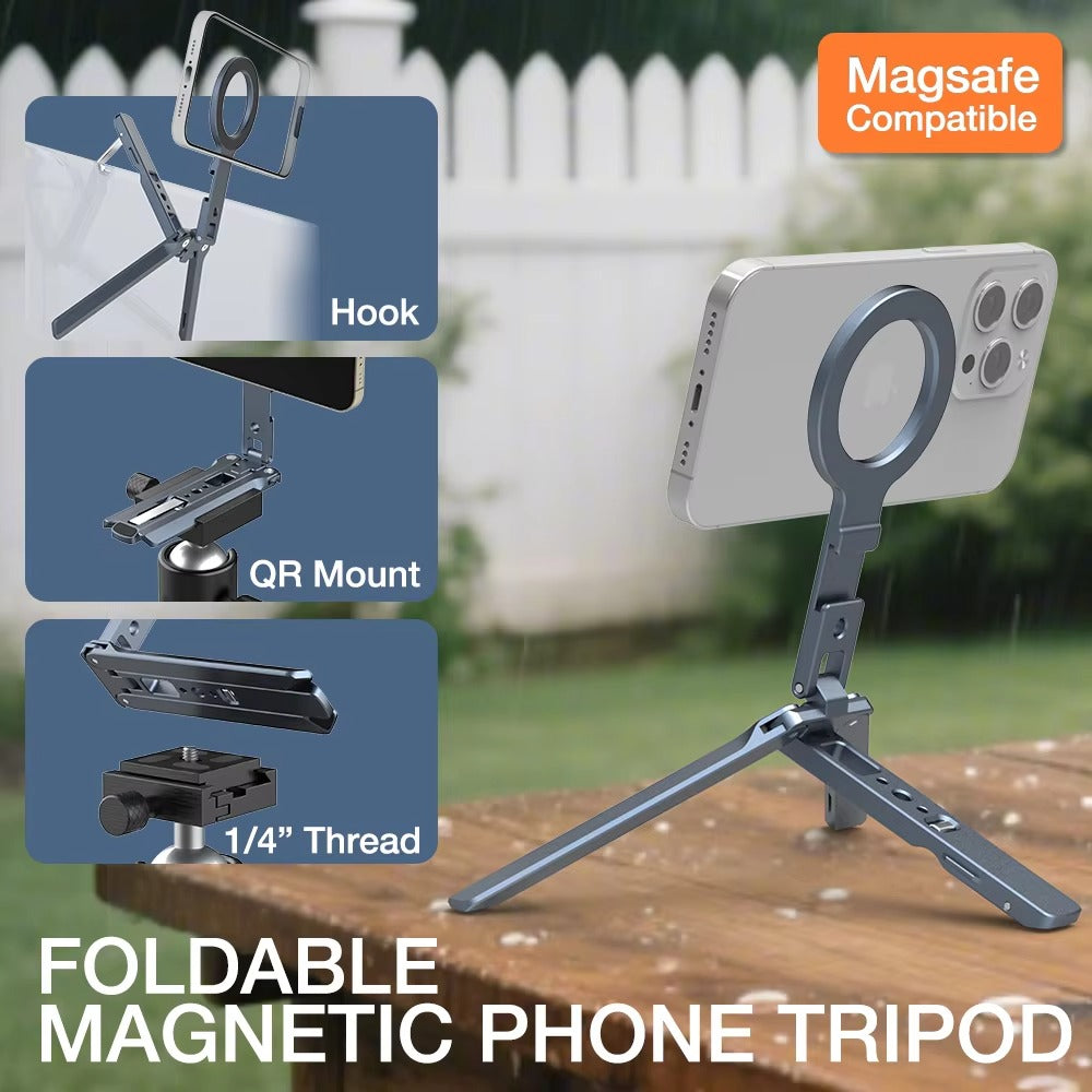 High-Quality MagSafe Pocket Phone Tripod, Foldable Magnetic Stand with Ring Grip, Cold Shoe Mount & 1/4″ Screw Adapter