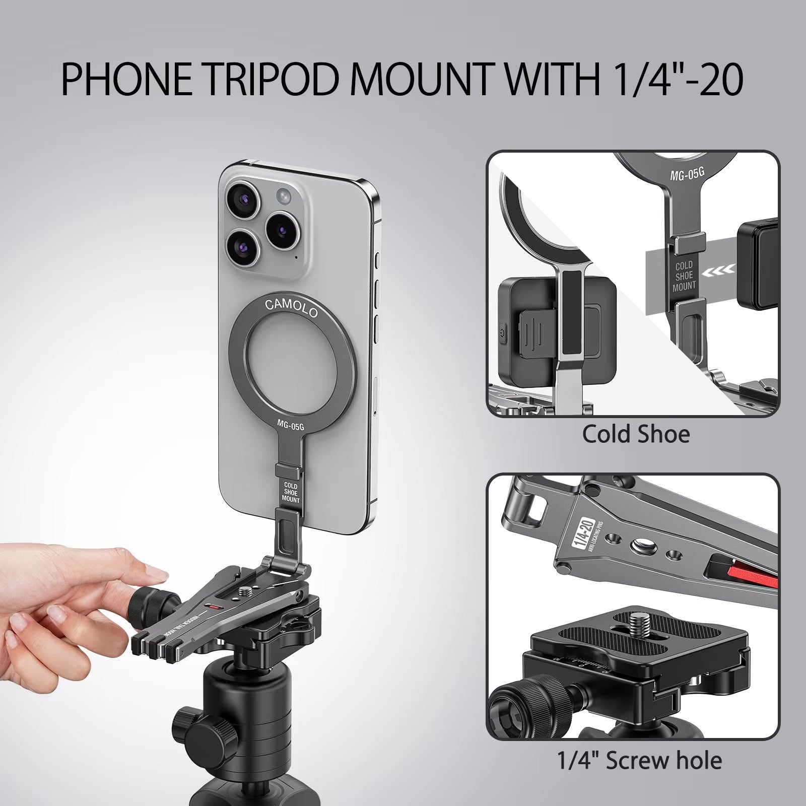 High-Quality MagSafe Pocket Phone Tripod, Foldable Magnetic Stand with Ring Grip, Cold Shoe Mount & 1/4″ Screw Adapter