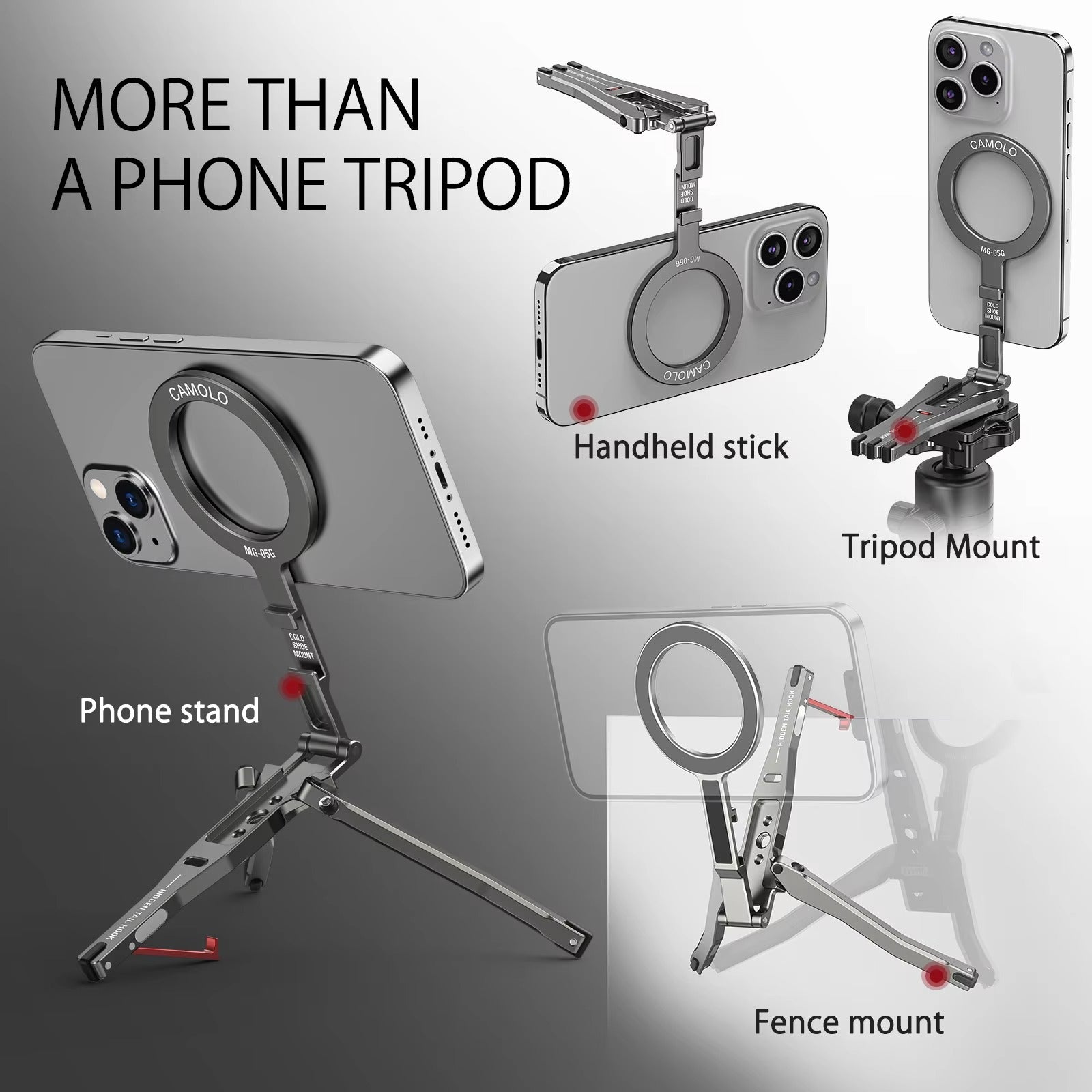 High-Quality MagSafe Pocket Phone Tripod, Foldable Magnetic Stand with Ring Grip, Cold Shoe Mount & 1/4″ Screw Adapter