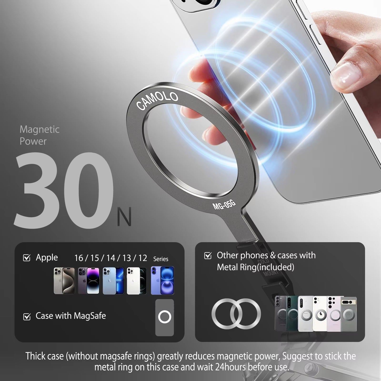 High-Quality MagSafe Pocket Phone Tripod, Foldable Magnetic Stand with Ring Grip, Cold Shoe Mount & 1/4″ Screw Adapter