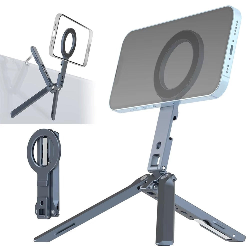 High-Quality MagSafe Pocket Phone Tripod, Foldable Magnetic Stand with Ring Grip, Cold Shoe Mount & 1/4″ Screw Adapter
