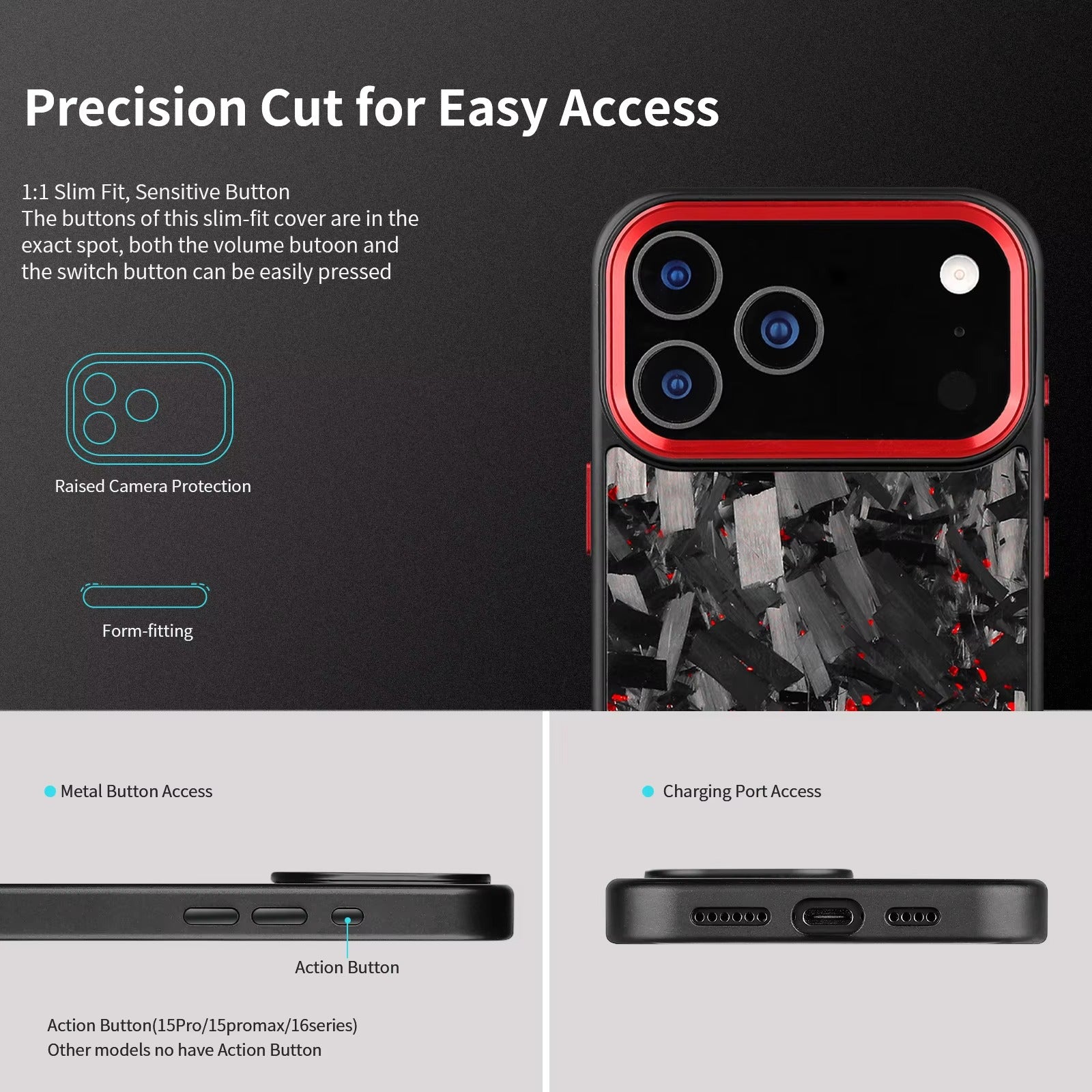 Impact-Ready iPhone Forged Carbon Fiber Case, MagSafe-Compatible Full Coverage Phone Cover with Metal Camera Lens & Button Protection