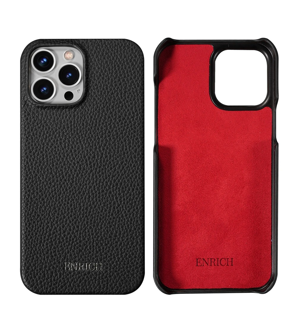 Luxury iPhone Case — Genuine Lychee Cowhide Leather Back Cover with Slim Shockproof PC Frame, Anti-Fingerprint Matte Finish and Precise Cutouts