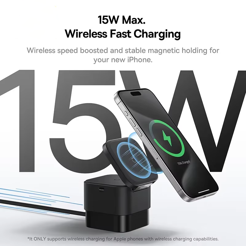 Luxury 3-in-1 Magnetic Wireless Charger Stand with 25W Fast Charging, 15W Wireless Output, Desktop Dock for Phones & Earphones