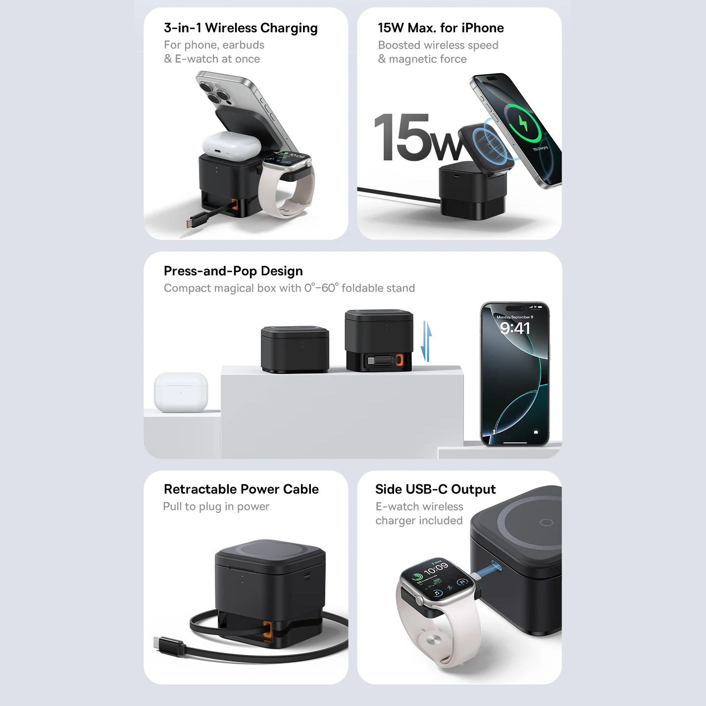 Luxury 3-in-1 Magnetic Wireless Charger Stand with 25W Fast Charging, 15W Wireless Output, Desktop Dock for Phones & Earphones