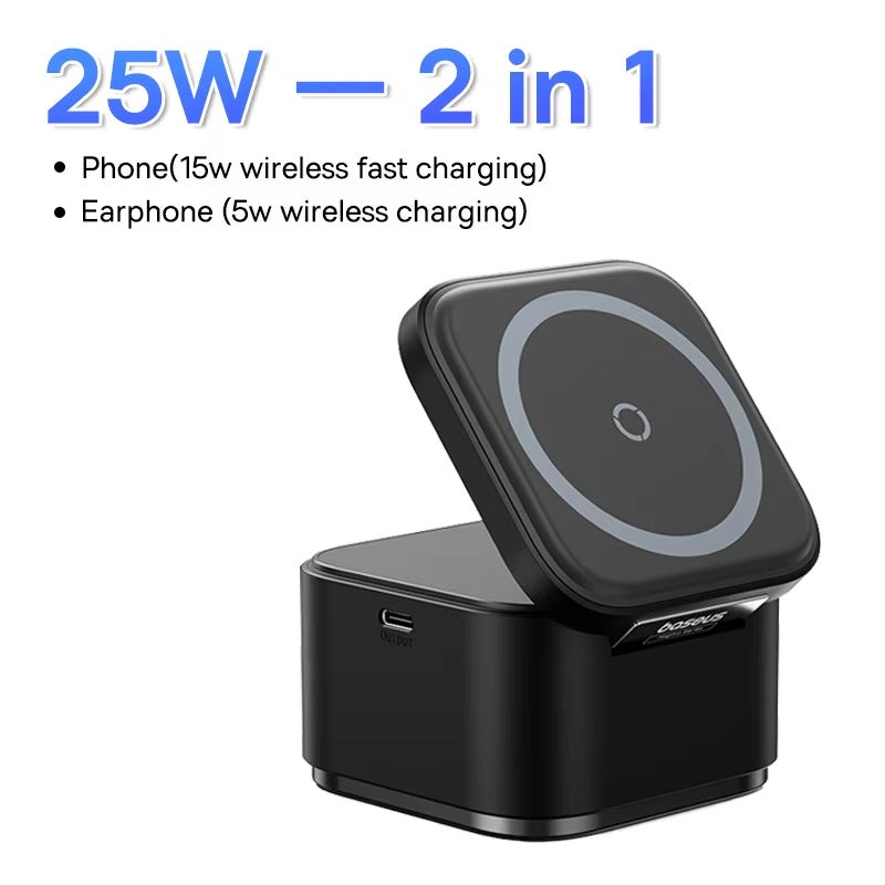 Luxury 3-in-1 Magnetic Wireless Charger Stand with 25W Fast Charging, 15W Wireless Output, Desktop Dock for Phones & Earphones