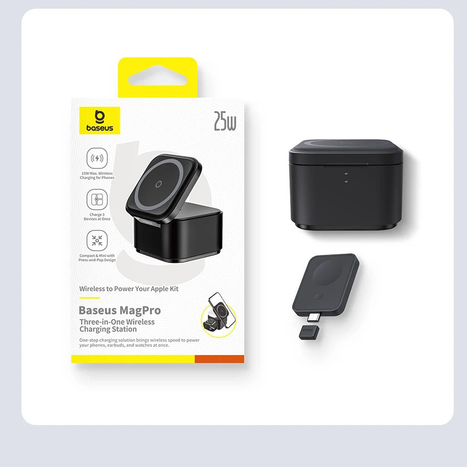 Luxury 3-in-1 Magnetic Wireless Charger Stand with 25W Fast Charging, 15W Wireless Output, Desktop Dock for Phones & Earphones