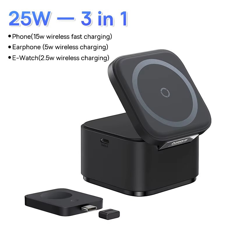 Luxury 3-in-1 Magnetic Wireless Charger Stand with 25W Fast Charging, 15W Wireless Output, Desktop Dock for Phones & Earphones
