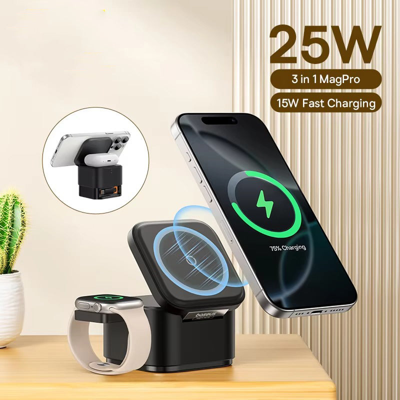 Luxury 3-in-1 Magnetic Wireless Charger Stand with 25W Fast Charging, 15W Wireless Output, Desktop Dock for Phones & Earphones