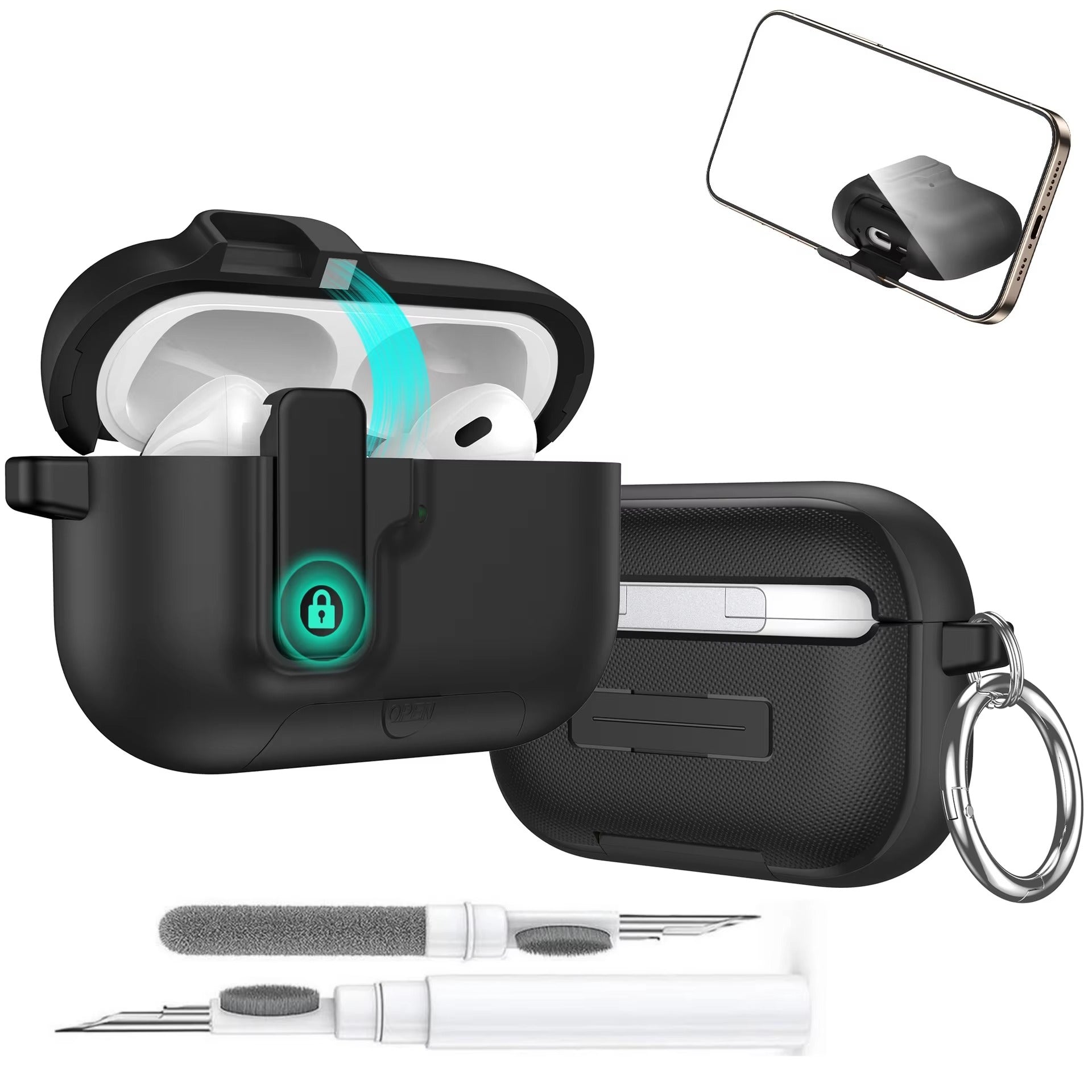 Luxury AirPods Pro 3 TPU Protective Case with Magnetic Auto-Lock, Built-In Phone Stand & Cleaner Kit – Full Coverage Shockproof Design