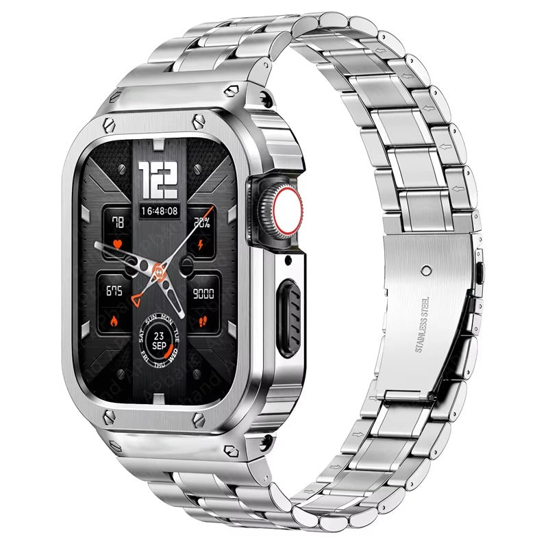 Luxury Apple Watch Stainless Steel Case & Strap with Butterfly Buckle – Full Metal Protective Design