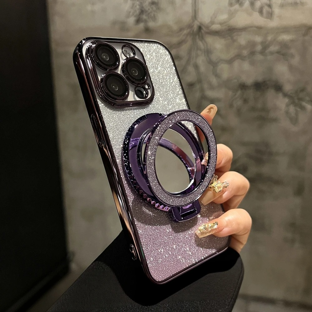 Luxury Glitter Gradient iPhone Case — MagSafe Compatible Half-Wrapped Cover with Mirror Finish, Stand Bracket, Shockproof, Anti-Fingerprint, Anti-Scratch