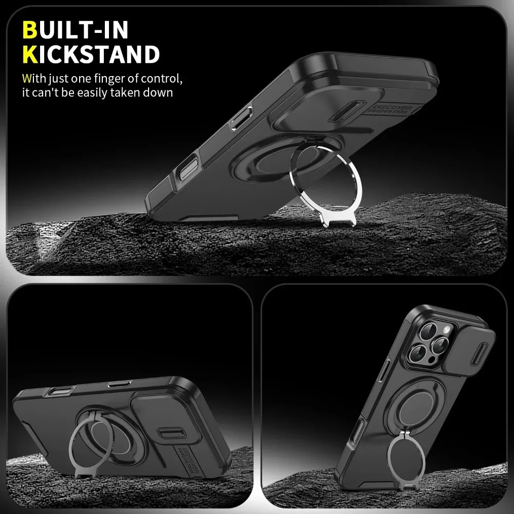 Luxury Heavy-Duty iPhone Case — Rugged Armor Magnetic Bracket with Shockproof PC Cover, Anti-Fingerprint, Anti-Scratch Protection