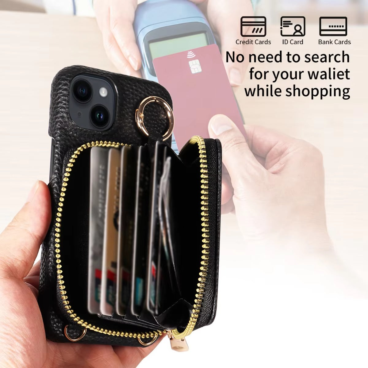 Luxury Leather Wallet iPhone Case — PU Leather Cover with Card Slots, Lanyard Strap, Shockproof Anti-Scratch Design, Lightweight and Dustproof