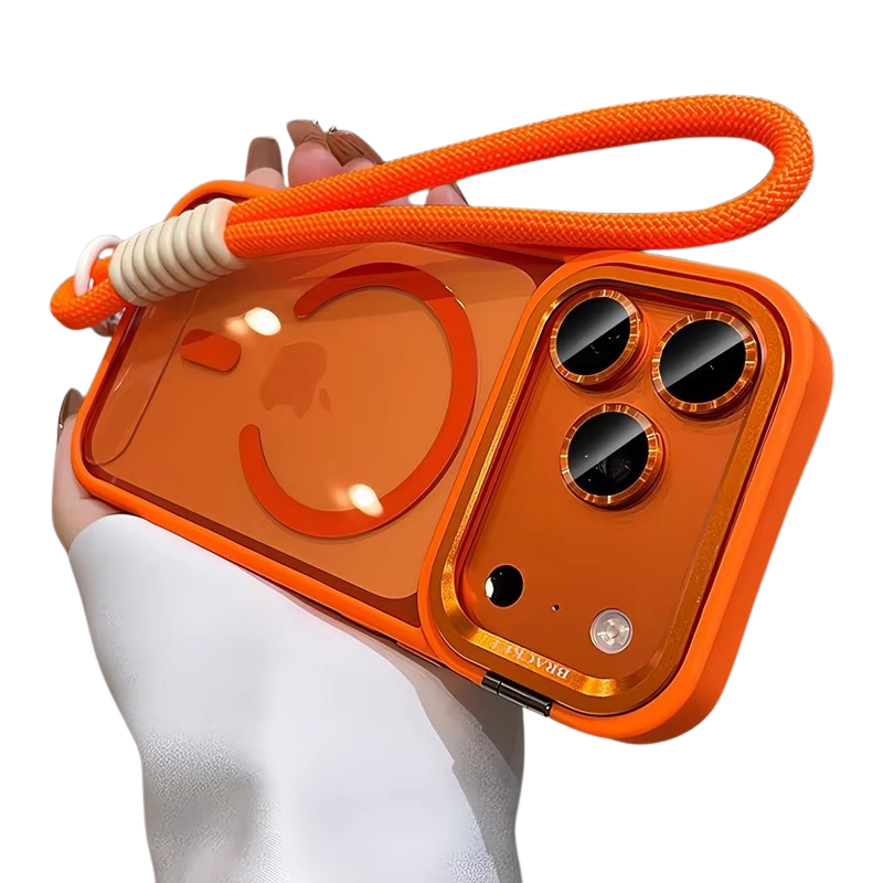 Luxury iPhone Case — MagSafe Camera Bracket Half-Wrapped Transparent Cover, Magnetic, Shockproof, Anti-Fingerprint, Anti-Scratch, Lightweight Wrist Strap