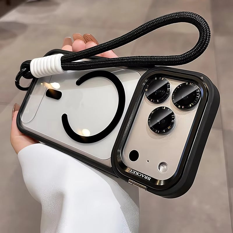 Luxury iPhone Case — MagSafe Camera Bracket Half-Wrapped Transparent Cover, Magnetic, Shockproof, Anti-Fingerprint, Anti-Scratch, Lightweight Wrist Strap