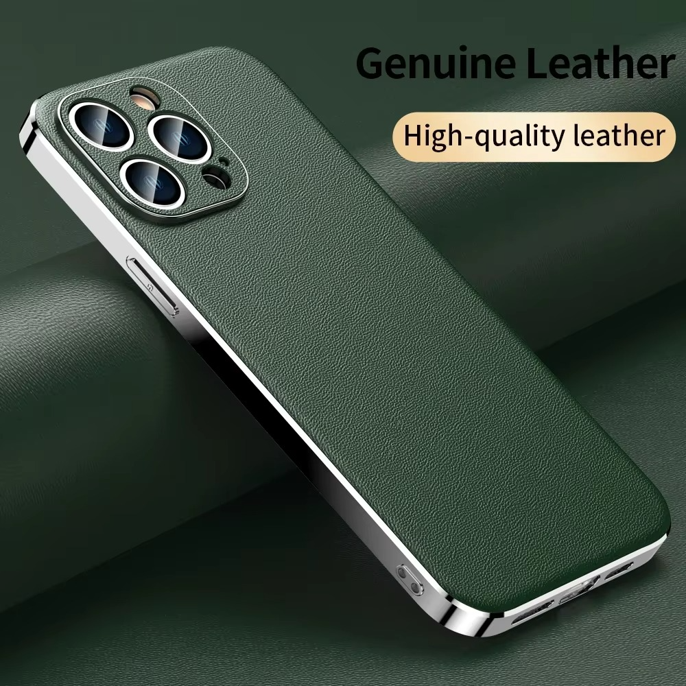 Luxury iPhone Case Genuine Cowhide Leather Back Cover — Full Camera Lens Protection, Plated Edges, Anti-Fingerprint Matte Finish, Wireless Charging Compatible