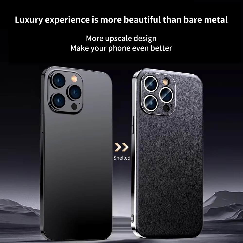 Luxury iPhone Case Genuine Cowhide Leather Back Cover — Full Camera Lens Protection, Plated Edges, Anti-Fingerprint Matte Finish, Wireless Charging Compatible