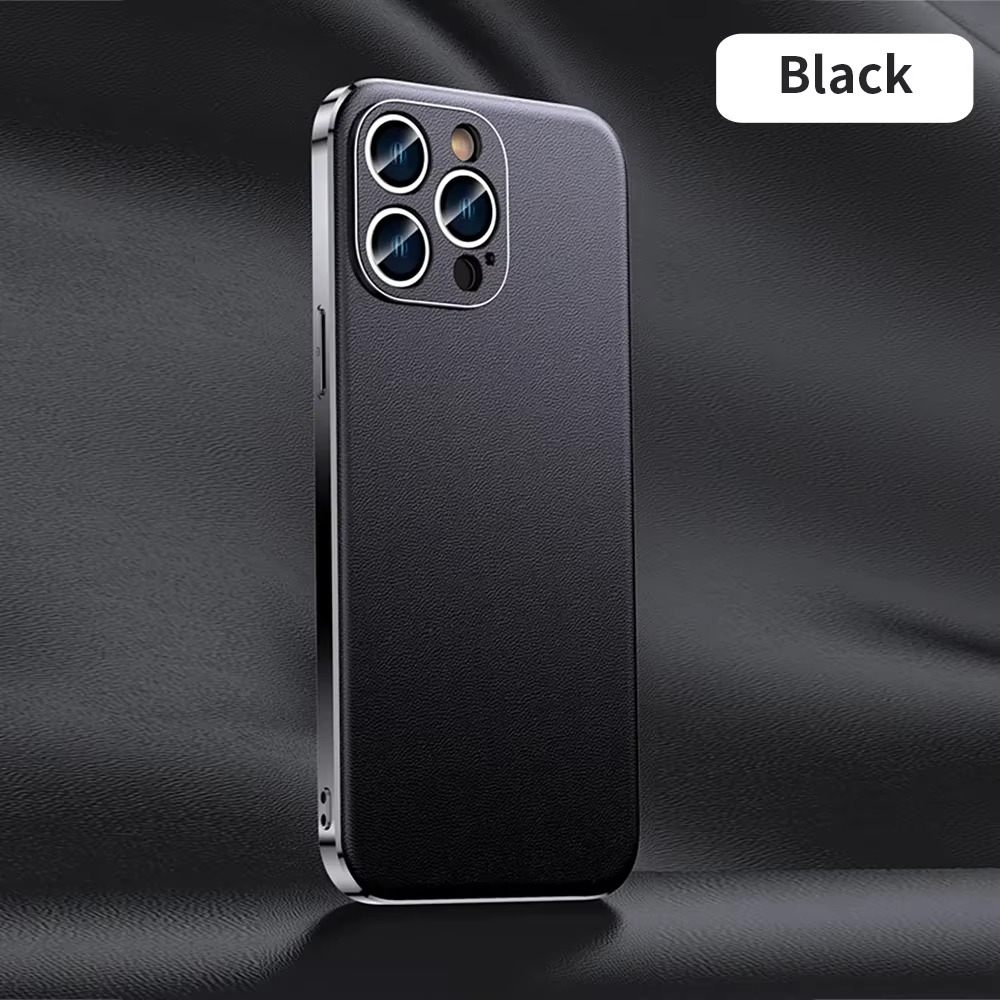 Luxury iPhone Case Genuine Cowhide Leather Back Cover — Full Camera Lens Protection, Plated Edges, Anti-Fingerprint Matte Finish, Wireless Charging Compatible
