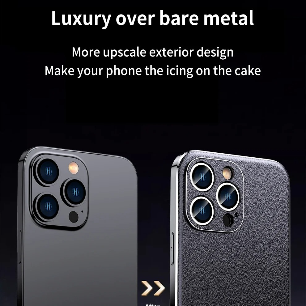 Luxury iPhone Case Genuine Cowhide Leather Back Cover — Full Camera Lens Protection, Plated Edges, Anti-Fingerprint Matte Finish, Wireless Charging Compatible