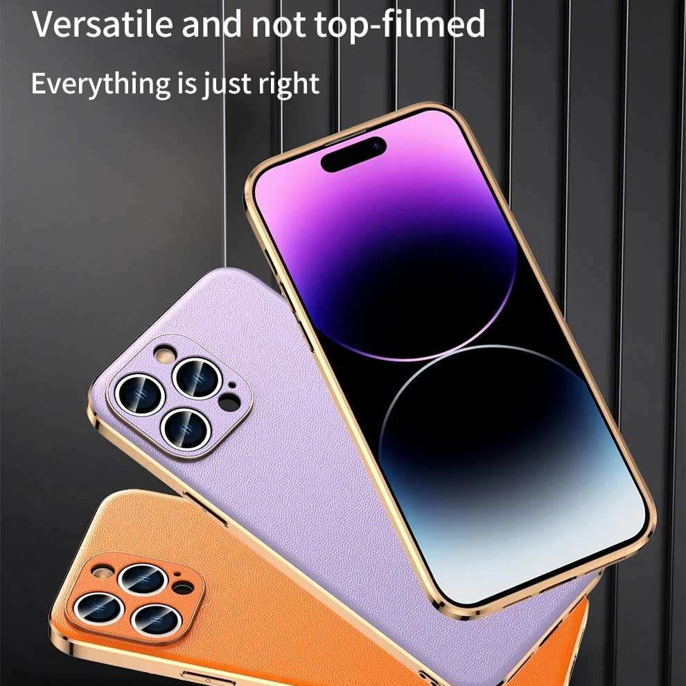 Luxury iPhone Case Genuine Cowhide Leather Back Cover — Full Camera Lens Protection, Plated Edges, Anti-Fingerprint Matte Finish, Wireless Charging Compatible
