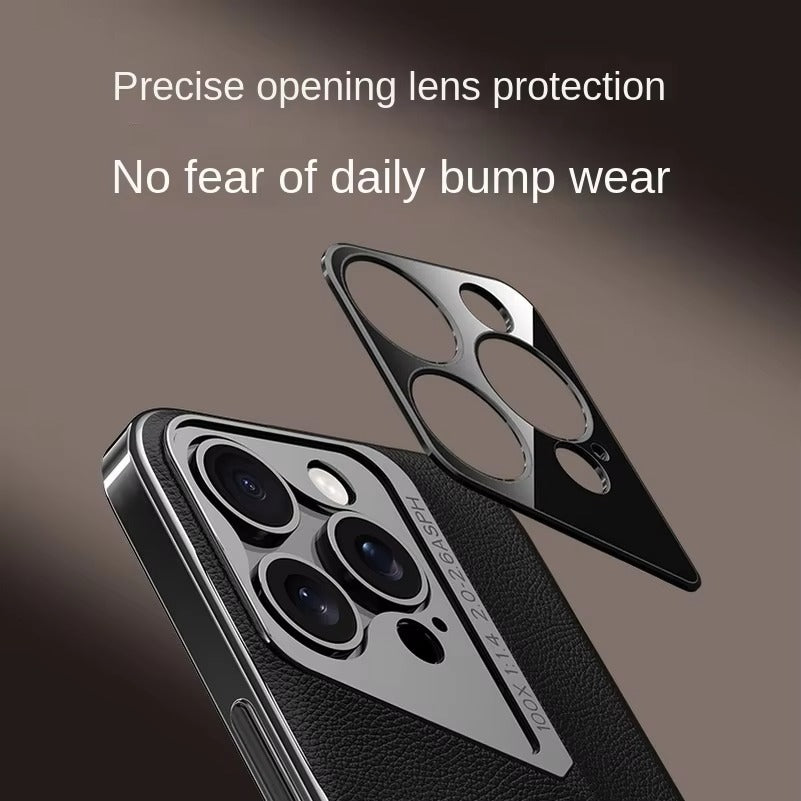 Luxury iPhone Case MagSafe Compatible Camera Lens Protection — Vegan PU Leather Cover, Electroplated Metal Frame, Slim Drop-Proof Business Style