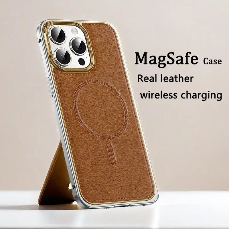 Luxury iPhone Case MagSafe Compatible Leather Back Cover — Aluminum Alloy Metal Frame, Shockproof Design, Magnetic Wireless Charging, Premium Finish