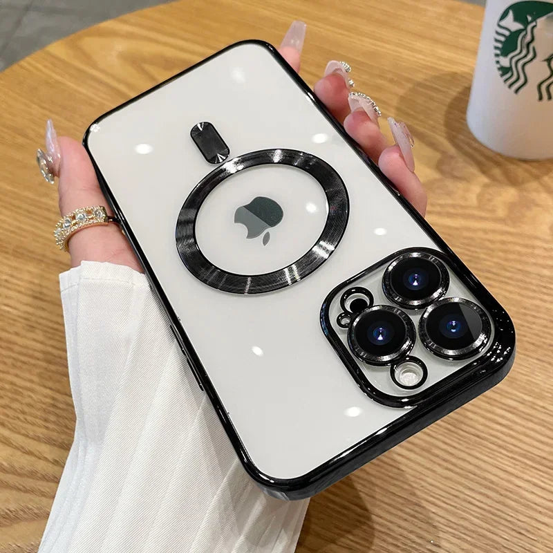 Luxury iPhone Case MagSafe Compatible Plating Clear Cover — Magnetic Wireless Charging Support, Lens Protector, Anti-Fingerprint Scratch-Resistant Design