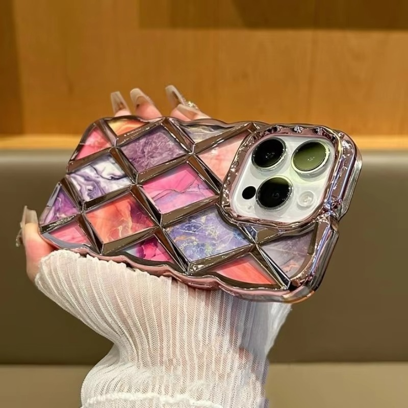 Luxury iPhone Case Plating Rhombic Marble Design — Fashion Full Body Protective Cover, Stylish Slim Shockproof Scratch-Resistant Finish