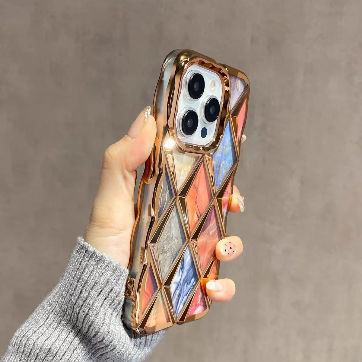 Luxury iPhone Case Plating Rhombic Marble Design — Fashion Full Body Protective Cover, Stylish Slim Shockproof Scratch-Resistant Finish