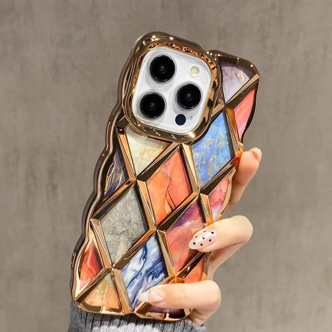 Luxury iPhone Case Plating Rhombic Marble Design — Fashion Full Body Protective Cover, Stylish Slim Shockproof Scratch-Resistant Finish